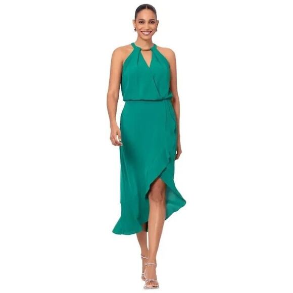 XSCAPE Women's Crepe Choker Halter-Neck High-Low Midi Dress Green Size 8 NWT - Picture 1 of 13